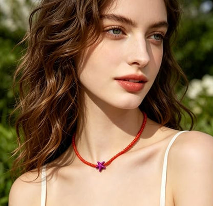 Seed Bead Choker Necklace for Women Bohemian Tiny Beads Choker Colorful Rice Bead Starfish Choker Summer Surfer Beach Necklace Jewelry Gift - color: Orange