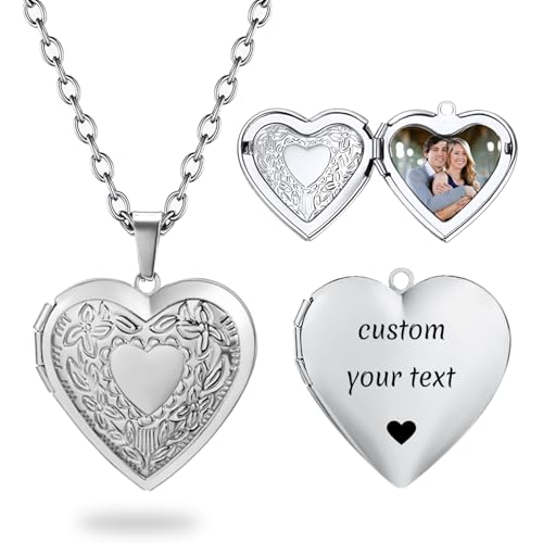 PHOCKSIN Personalized Locket Necklace for Women Photo Necklace with Customized Picture Birth Flower Birthstone Customizable Birthday Gifts - color: #07-Heart Silver Flower