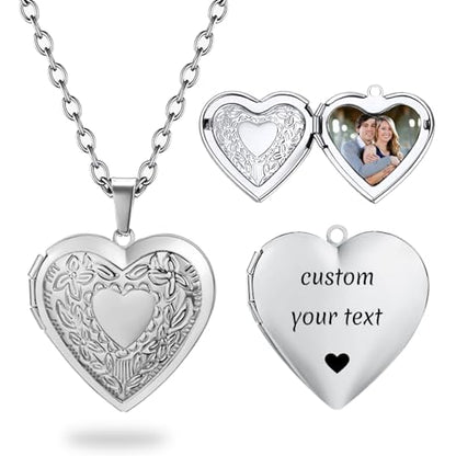 PHOCKSIN Personalized Locket Necklace for Women Photo Necklace with Customized Picture Birth Flower Birthstone Customizable Birthday Gifts - color: #07-Heart Silver Flower