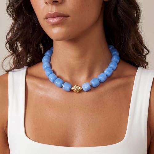 Beaded Necklaces for Women Boho Chunky Necklace Statement Big Resin Bead Choker Fashion Summer Beach Jewelry - color: Sky Blue