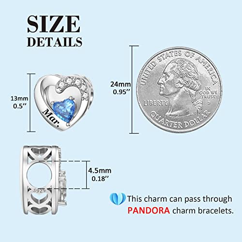 SEVENWELL Jan-Dec Birthstone Charms for Pandora Bracelets, Heart Charm | Fits Most European Charm Bracelets, Sparkling Heart CZ, Birth Flower Engraved, Gift Ready, Nickel-Free - color: March Birthstone Charm
