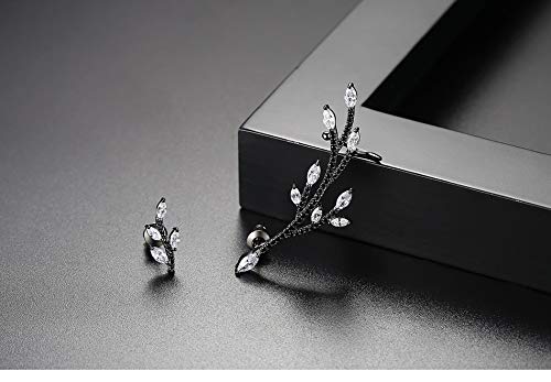 Ear Climber Crawler Earring for Women Cubic Zircon Leaves Stud Earrings | TEMICO Sexy Black Crystals Leaf Ear Cuffs Cartilage Post Studs Hypoallergenic Jewelry