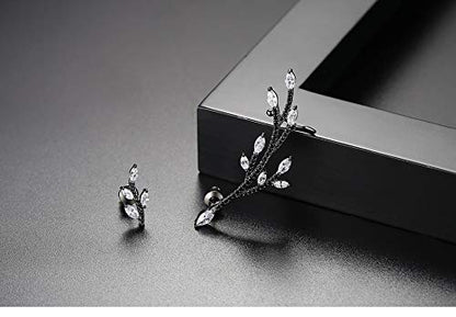 Ear Climber Crawler Earring for Women Cubic Zircon Leaves Stud Earrings | TEMICO Sexy Black Crystals Leaf Ear Cuffs Cartilage Post Studs Hypoallergenic Jewelry