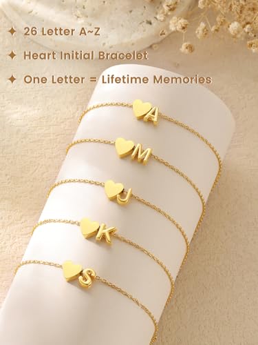 KeyStyle Initial Heart Bracelet for Women Waterproof Stainless Steel Chain | 14K Gold Plated /Silver A-Z Letter Adjustable Charm Bracelet, Hypoallergenic Non Tarnish Dainty Gift for Everyday Wear - color: 14K Gold Plated-U