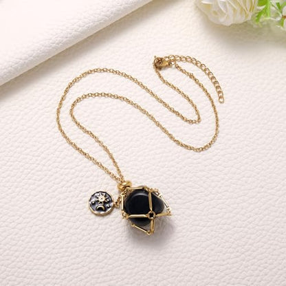 MIXJOY Black Obsidian Crystal Necklace for Women, Sun and Moon Celestial Pendant Protection Gift for Halloween Christmas - style: Small