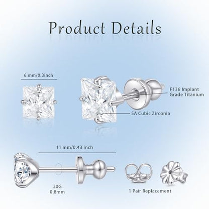 Limerencia Hypoallergenic G23 Pure F136 Implant Grade Titanium Earrings | 20G Flat Back Studs with CZ, Available in Round, Princess-Cut, Square & Ball, Earrings for Women and Men with Sensitive Ears - style: 6mm Square CZ