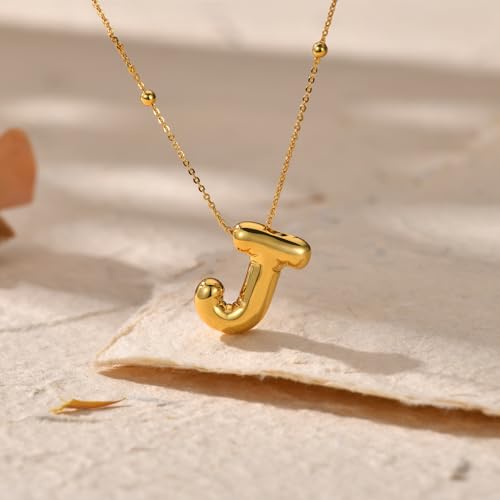 LUCA SMITH 2-Piece Initial Necklaces for Women, Dainty Balloon Bubble A-Z Letter Necklace Set, Name Letter Alphabet Pendant Layered Choker Necklaces Personalized Jewelry Gift - color: Gold bubble letter necklace, style: Initial Set-J