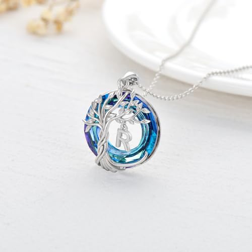 TOUPOP Gifts for Women Tree of Life Initial Necklace 925 Sterling Silver Letter Pendant with Blue Crystal Birthday Jewelry Gifts for Women Her Mom Wife Daughter - color: Tree of Life R Initial