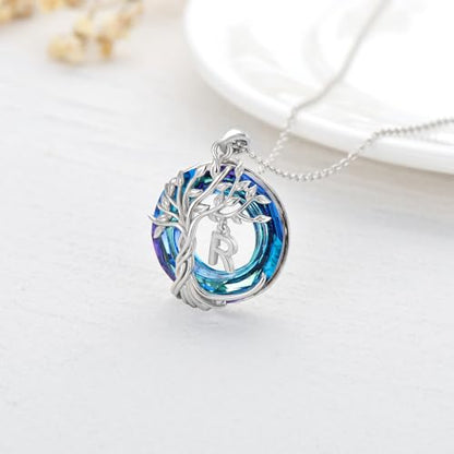 TOUPOP Gifts for Women Tree of Life Initial Necklace 925 Sterling Silver Letter Pendant with Blue Crystal Birthday Jewelry Gifts for Women Her Mom Wife Daughter - color: Tree of Life R Initial