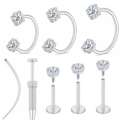 18G CZ Horseshoe Nose Rings with Flat Back Labret Studs and Tool | 316L surgical steel and 14K gold finish options for healed nose septum lip and ear piercings with easy daily changes