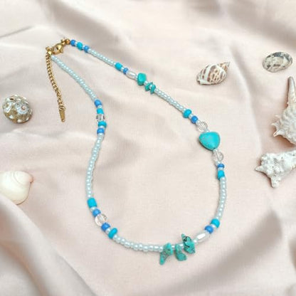 Beaded Necklaces for Women Summer Beach Beaded Necklace Bead Choker Boho Necklaces for Women Handmade Summer Jewelry Stainless Steel 18K Gold Plated - color: Turquoise