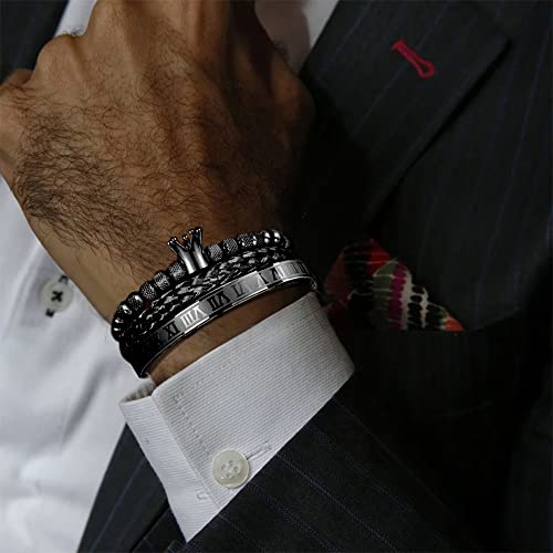 3pcs/set Classical Handmade Braiding Bracelet Hip Hop Men Pave CZ Leopard Head Roman Numeral Bracelet Stainless Steel Jewelry - color: 3pcs C Crwon Black