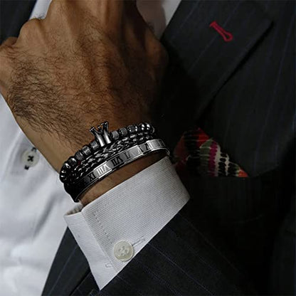3pcs/set Classical Handmade Braiding Bracelet Hip Hop Men Pave CZ Leopard Head Roman Numeral Bracelet Stainless Steel Jewelry - color: 3pcs C Crwon Black