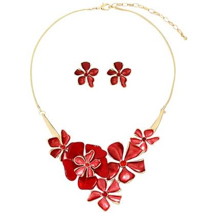 Chunky Statement Jewelry Set Vintage Retro Leaf Flower Floral Geometric Bohemian Boho Bib Necklace Earring Set Fashion Costume Jewelry for Women Girls Wedding Party Prom Unique Gift - style: 5 petal flower JS gold red