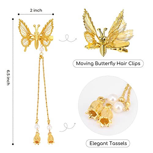 DEEKA Moving Tassel Butterfly Hair Clips 4 PCS 3D Metal Gold Moving Wings Butterfly Hairpins Bride Wedding Hair Accessories Barrette for Women and Girls -Gold - color: Gold with Tassel