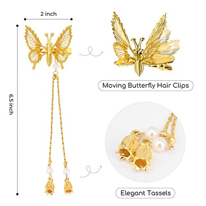 DEEKA Moving Tassel Butterfly Hair Clips 4 PCS 3D Metal Gold Moving Wings Butterfly Hairpins Bride Wedding Hair Accessories Barrette for Women and Girls -Gold - color: Gold with Tassel