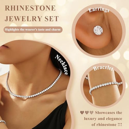 Tennis Jewelry Set for Women 4mm Cubic Zirconia Necklace Bracelet Earring 3Pcs Set Silver Tone Hypoallergenic Iced Out CZ Bridal Accessories Dainty Wedding Party Anniversary Birthday Gift for Her - color: silver 13 inches + 2 inches