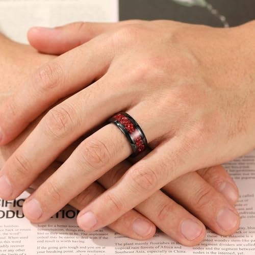 4mm/8mm Tungsten Wedding Bands for Men Women Ruby/Morganite/Emerald | Aquamarine/Zirconia, Black/Rose Gold/14K Gold, Engagement Promise Ring, Anniversary Valentine Day Birthday Gift for Him/Her - color: 8mm Black and Red