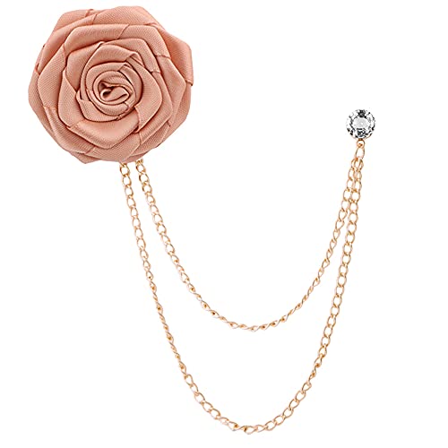 Fashion Bridegroom Wedding Brooches Cloth Art Hand-Made Rose Flower Brooch Lapel Pin Badge Tassel Chain Men's Suit Accessories - color: Champagne