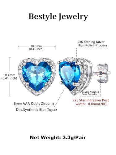 Bestyle Authentic 925 Sterling Silver 2 Carat Birthstone Earrings for Women, More Sparkle Heart/Round Solitaire Diamond Studs Earrings, Great Birthday/Christmas/Anniversary Jewelry for Wife Mother - color: 12. Dec. Blue Topaz-Heart