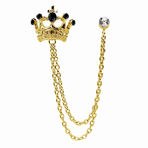 Crystal Crown Hanging Chain Brooch Suit Pin,Vintage Gold Crown Brooch,Suit Stud,Shirt Studs,Lapel Pin Accessories for Men Women - color: Gold Black