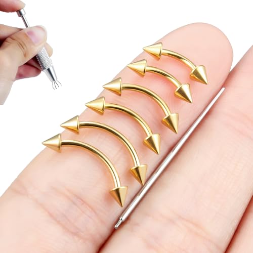 Internally Threaded Eyebrow Piercing Jewelry Surgical Steel Tiny Eyebrow Rings Vertical Labret Lip Jewelry Small Ear Rook Earring for Women Men 18g 16g 14g Plus Piercing Ball Grabber Tool - color: goldtone, size: 18g,spike end