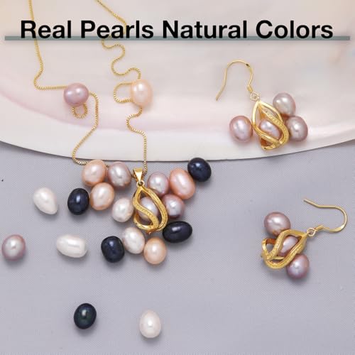 Pearl Jewelry Set For Women S925 Sterling Silver/14K Gold Plated Necklace & Earrings Set Freshwater Pearl Pendant Cage Set for Wedding Anniversary Prom Birthday Gift - color: Golden-Purple
