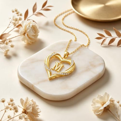 Midari 18K Gold Initial Letter Necklace for Women 18K Gold Initial Heart Capital Monogram Necklace for Mom Wife Alphabets from A-Z - color: M