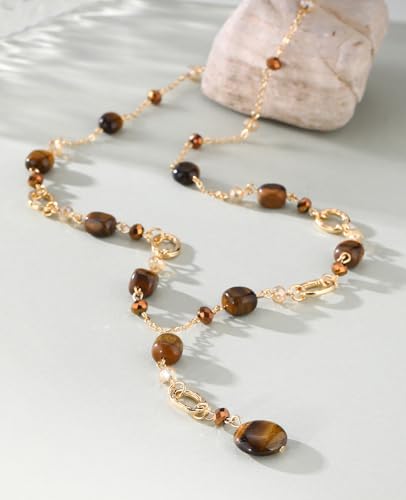 FULU AUTUMN Long Gold Beaded Necklaces for Women Natural Stone Bead Statement Pendant Necklace Y Sweater Chain Fashion Jewelry Gifts - color: Tiger's Eye