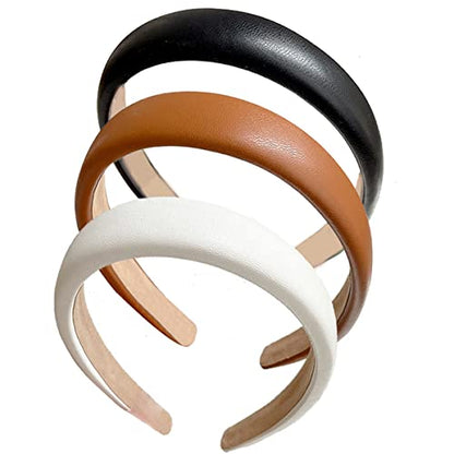 3 Pack Padded Leather Headbands for Women - Fashion Wide Non-Slip Hair Hoops - color: Black, white,Brown-B
