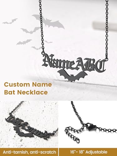 GoldChic JEWELRY Name Necklace Personalized for Men, Womens Custom Name Plate Chain, Stainless Steel Customized Old English Nameplate Choker with Curb Chains Custom, 16 inches to 30 inches - color: Rolo Chain(1.8 mm)&Bat-Black