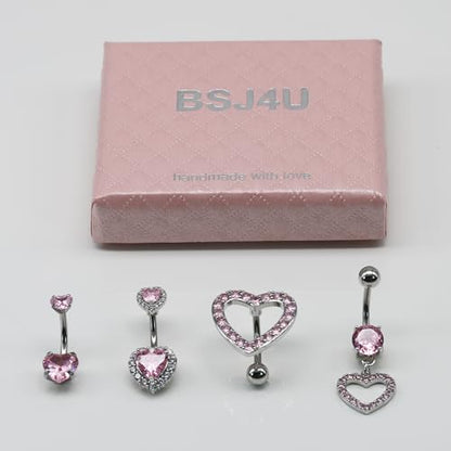 BSJ4U Nipple Ring and Belly Button Ring Set 14G Stainless Steel Sparkly Pink CZ Heart Bar Barbell Nipple Belly Piercing Body Jewelry - style: Dainty