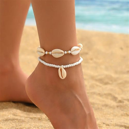 Shell Ankle Bracelet Set for Women,Boho Adjustable Beads Anklet Pack Natural White Shells Stack Stretch Seashell Pearl Starfish Bracelet Set Hawaiian Beach Vacation Foot Jewelry - style: N-Beads Shell