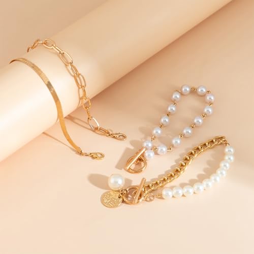 Gold Silver Beaded Pearl Bracelets Stacked for Women Coin Chain Accessories | Statement Stack OT Buckle Bracelet, Charm Stackable Pearls Coins Drop Paperclip Link, Fashion Layered Prom Party Jewelry Gift - color: Gold