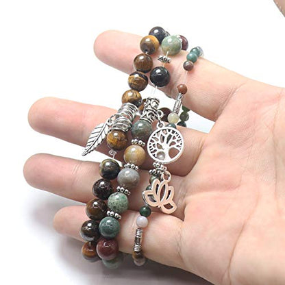 Tree of Life Yoga Healing Stone Bracelets,Multilayer Lotus Chakra Stone Reiki Bracelet Sets,Anxiety Crystal Natural Stone,for Women Stress Relief - style: Style 1 Indian Agate+Yellow Tiger Eye