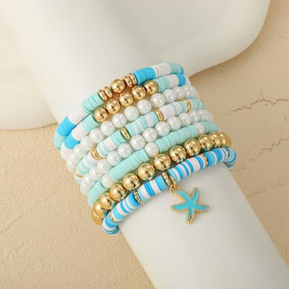 GOOJIDS Surfer Heishi Clay Bead Bracelets for Women Bohemian Stackable Gold Plated Beaded Stretch Bracelets Elastic Layering Friendship Bracelets Set Boho Jewelry - color: B-Blue Starfish Set