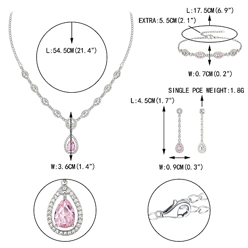 EVER FAITH Bridal Jewelry Set for Women, Stunning Teardrop Cubic Zirconia Birthstone Necklace Bracelet Earrings Sets Gift for Mothers Day/Valentines/Birthday/Christmas - color: Pink