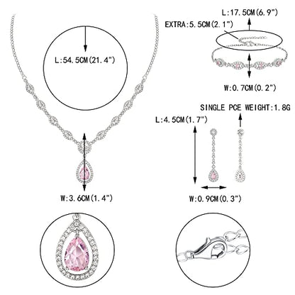 EVER FAITH Bridal Jewelry Set for Women, Stunning Teardrop Cubic Zirconia Birthstone Necklace Bracelet Earrings Sets Gift for Mothers Day/Valentines/Birthday/Christmas - color: Pink