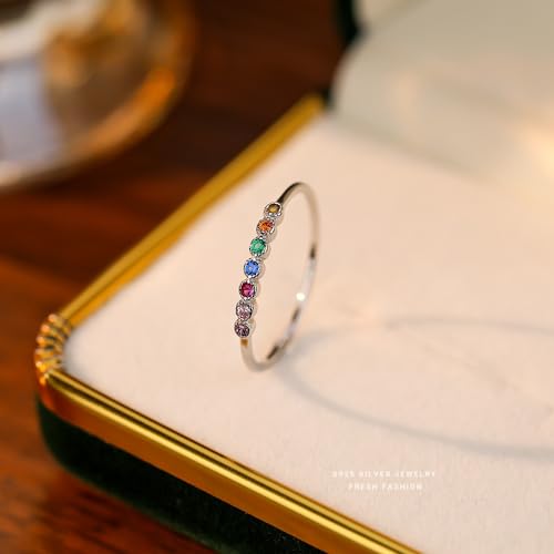 Rainbow Diamond Stacking Thin Ring for Women 925 Sterling Silver Cubic Zirconia Colorful Round Crystal Adjustable Open Statement Finger Bands Eternity Promise Rings Dainty Jewelry Gifts