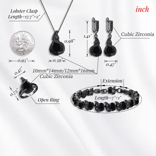 GZWHD Jewelry Set for Women Water Drop Cubic Zirconia Artificial Crystal Earrings Pendant Necklace Open Ring Tennis Bracelet Wedding Anniversary Birthday Engagement Gift for Bridesmaid Wife Girlfriend Friend - color: Black Gun-Black
