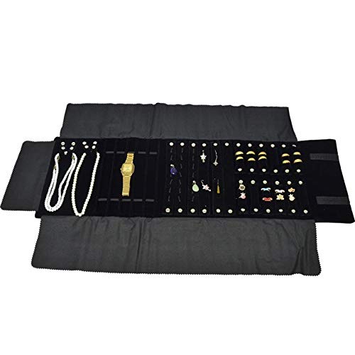 Black Velvet Roll-up Travel Bag Jewelry Pouches Organizer Carrying Display Case