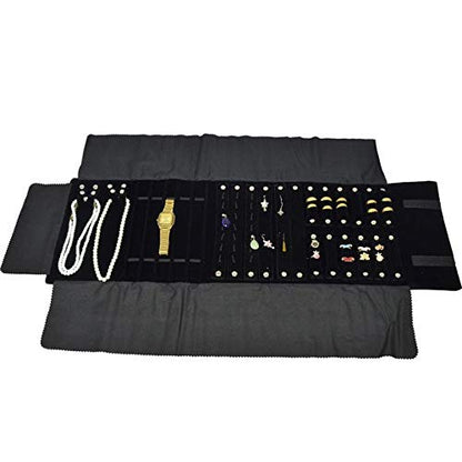 Black Velvet Roll-up Travel Bag Jewelry Pouches Organizer Carrying Display Case
