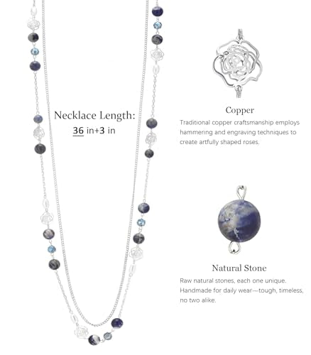 FULU AUTUMN Long Layered Silver Necklaces for Women - Natural Stone and Dainty Flower Beaded Sweater Chain Fashion Jewelry Gifts - color: Blue