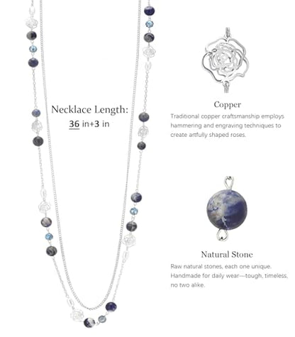 FULU AUTUMN Long Layered Silver Necklaces for Women - Natural Stone and Dainty Flower Beaded Sweater Chain Fashion Jewelry Gifts - color: Blue