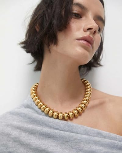 Chunky Beaded Necklace for Women Boho Statement Bead Necklace Adjustable Choker with Polished Disc/Square Beads Trendy Summer Beach Jewelry Gifts - color: Gold