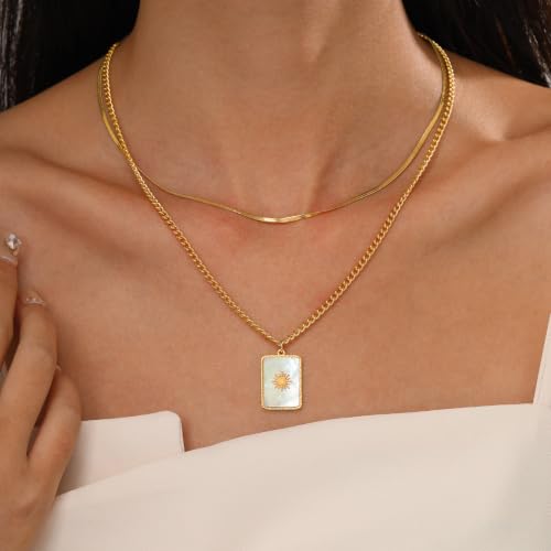 CTRLZTEAM Layered Necklaces for Women Gold Silver Snake Chain Pendant - style: Double Layer Square Shell Necklace - Gold