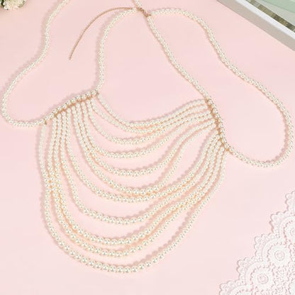 White Pearl Shoulder Chain Sexy Layered Necklace Imitation Pearls Round Beaded Boho Top Body Chains Multilayered Jewelry for Women Summer Beaches Party Decoration Wedding Accessories Gifts