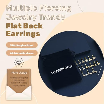 TOPBRIGHT 18G Surgical Steel Internal Thread Flat Back Stud Earrings - Hypoallergenic 14K Gold Plated Tragus/Helix/Nose/Conch/Medusa/Lip Piercing Jewelry for Women & Men
