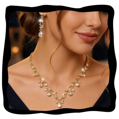 Gold Rhinestone Jewelry Set Bridal Wedding Necklace Earrings Sets Prom Formal Costume Jewelry for Women and Brides - color: Gold
