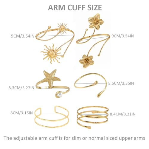 ItsStarred Minimalist Arm Cuff Gold Plated, Upper Arm Cuff Bangle Bracelet for Women, Adjustable Arm band Set 6 Pieces - color: B: Gold Plated Flower & Sun